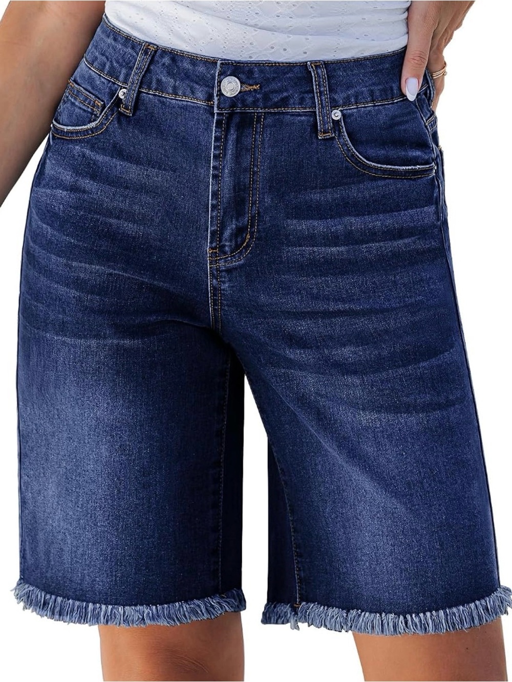 High-Rise Dark Blue Frayed Hem Denim Shorts